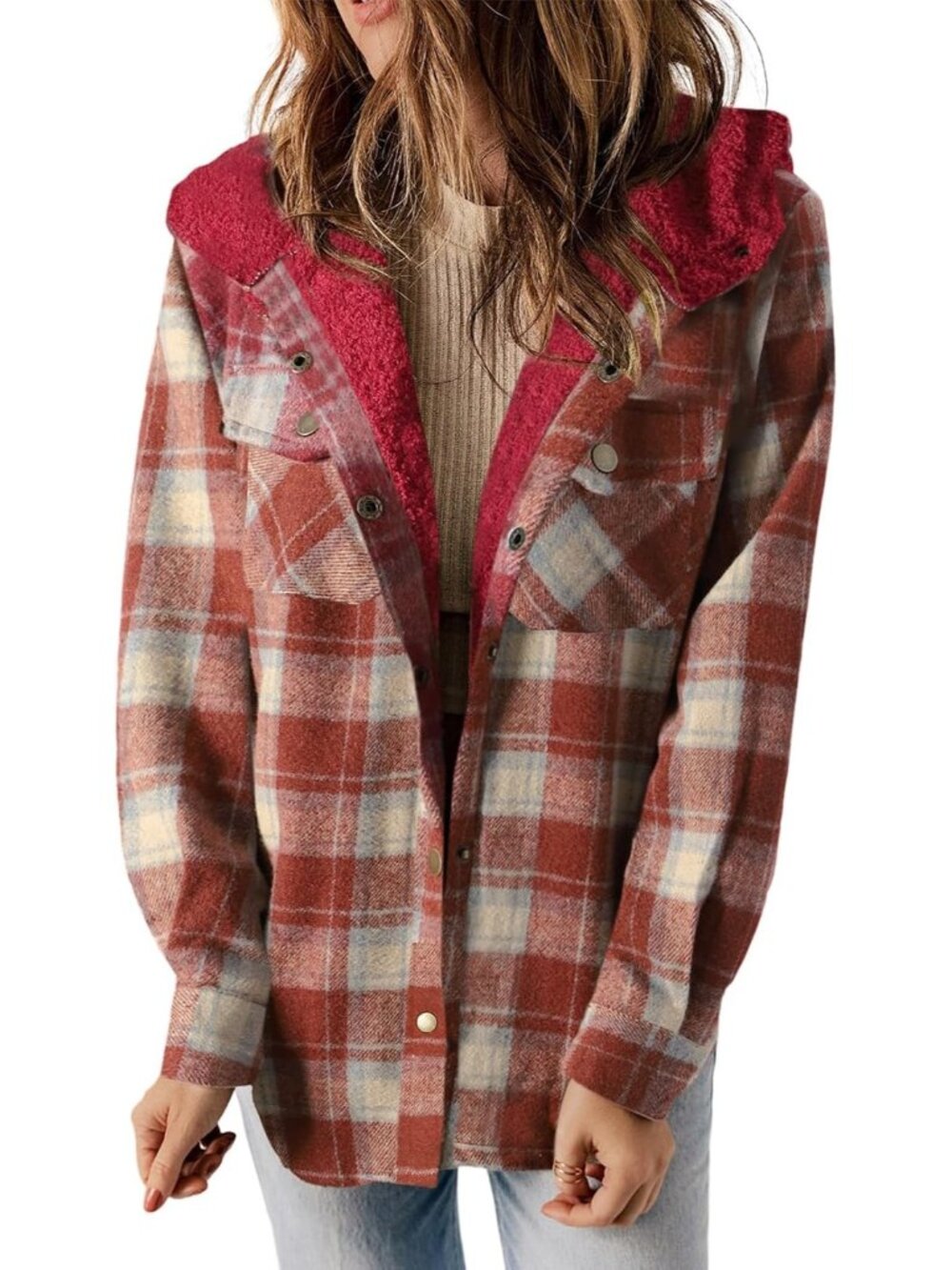 〽️Women's Red Plaid Fleece Lined Hooded Shacket with Pockets
